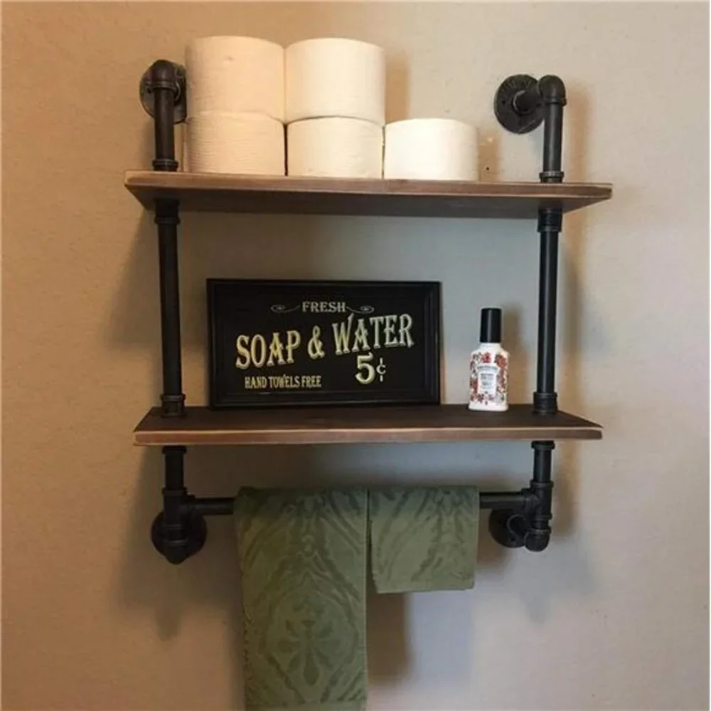 Industrial Bathroom Shelves Wall Mounted, 24in Rustic 2 Layer